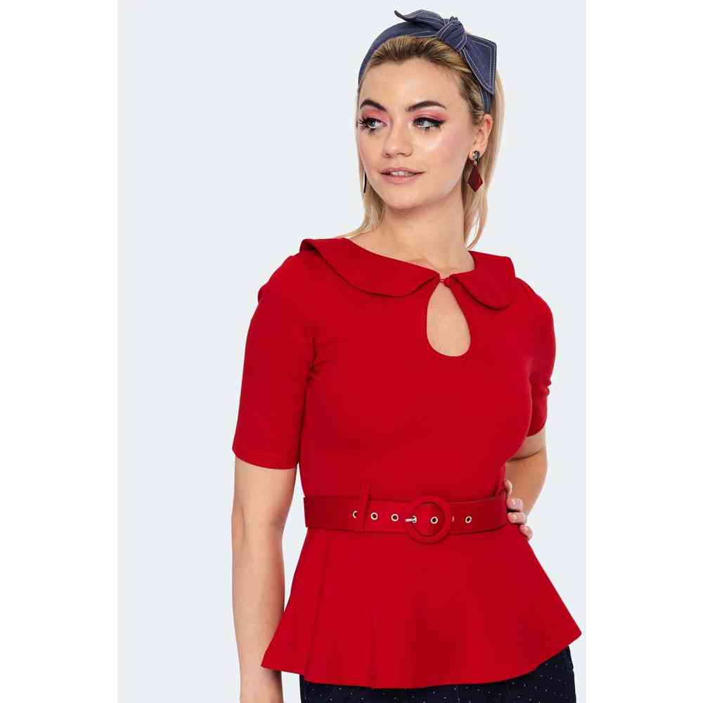 Voodoo Vixen - Knitted belt top with peter pan collar Top - Red